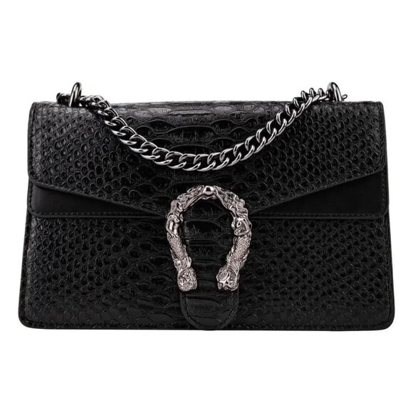 Italian Leather Snakeskin Crossbody w Chain Strap Horseshoe Clasp - Black - Picture 1 of 6